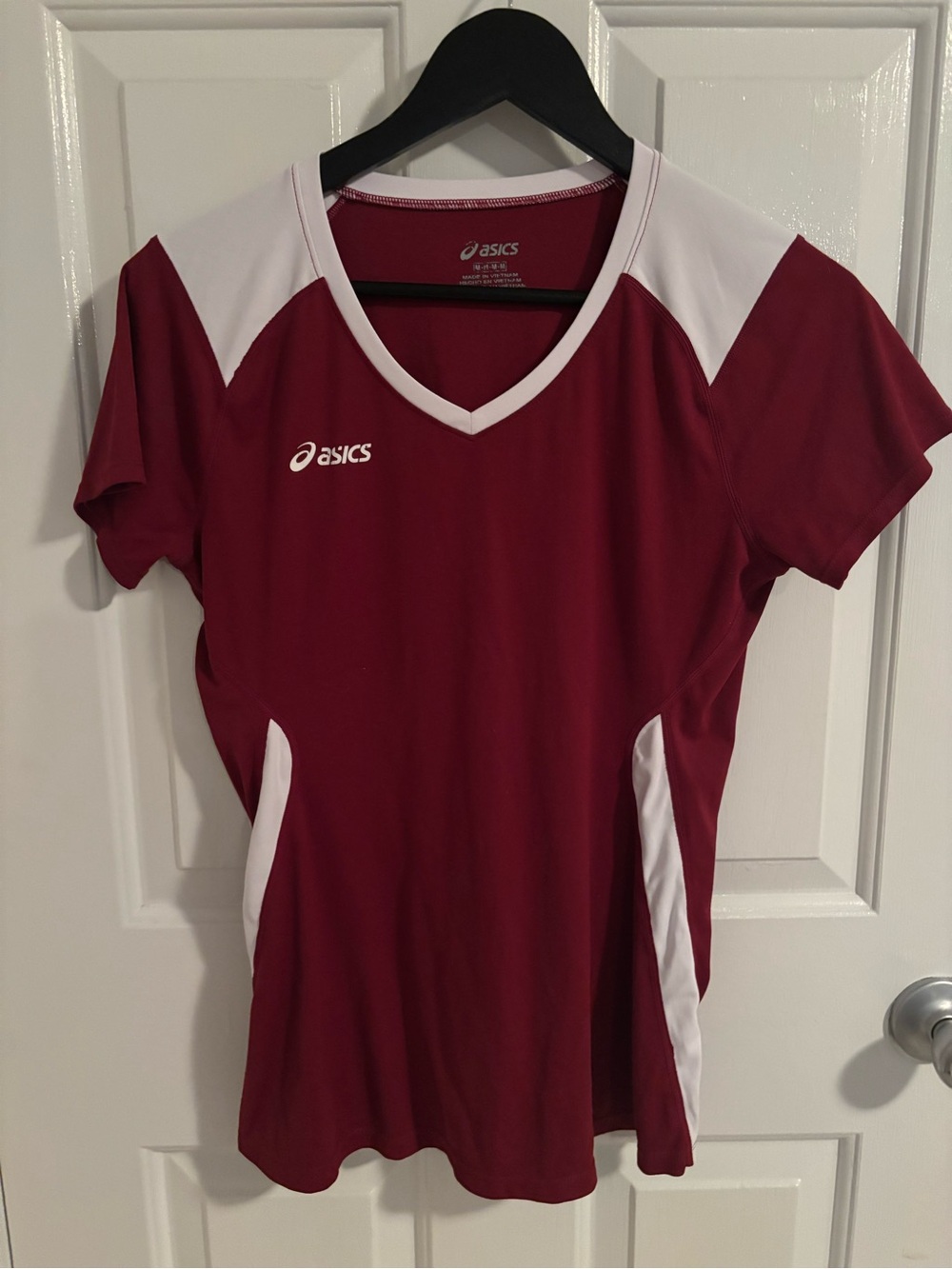 Make offer! ASICS Maroon and White V-Neck Athletic Jersey Medium